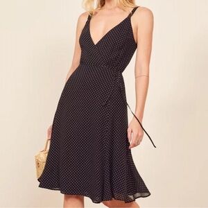 Reformation Mallory Black Polka Dot Wrap Dress